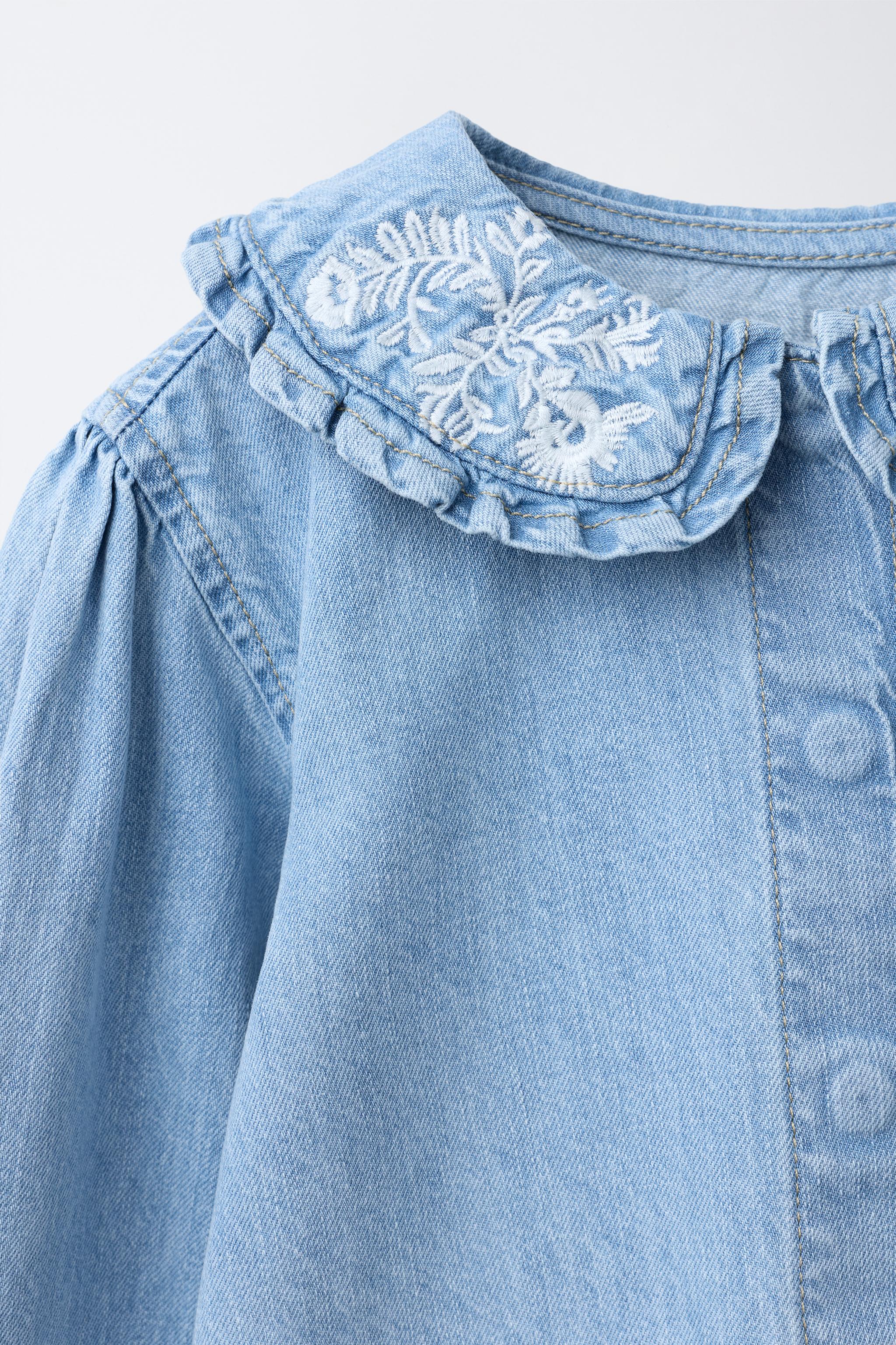 DENIM SHIRT WITH EMBROIDERED FLORAL COLLAR