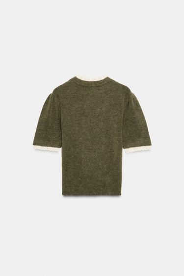 PULL AVEC LAINE ET ALPAGA COMBINÉ POINTELLE - Vert / Écru de Zara - Image 3