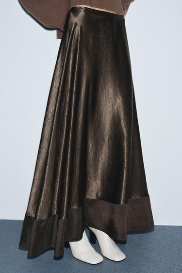 Zara ZW COLLECTION LIMITED EDITION SATIN EFFECT MIDI SKIRT - Brown