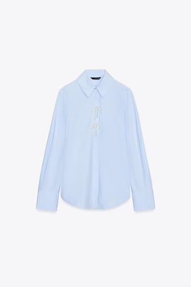 Zara 珍珠蝴蝶結襯衫 - 淡藍色