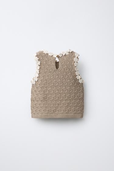 KNIT TOP WITH CROCHET FLOWERS - Mink by Zara - Image 1