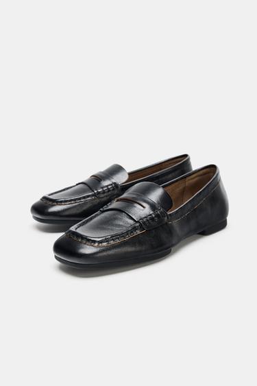 LEATHER LOAFERS WITH SQUARE TOE - Black by Zara - Image 2