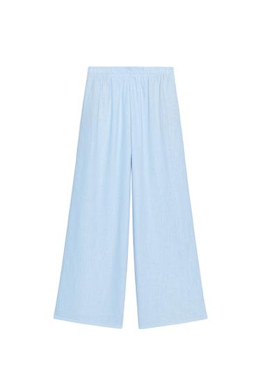 Zara WIDE LINEN PANTS - Light blue