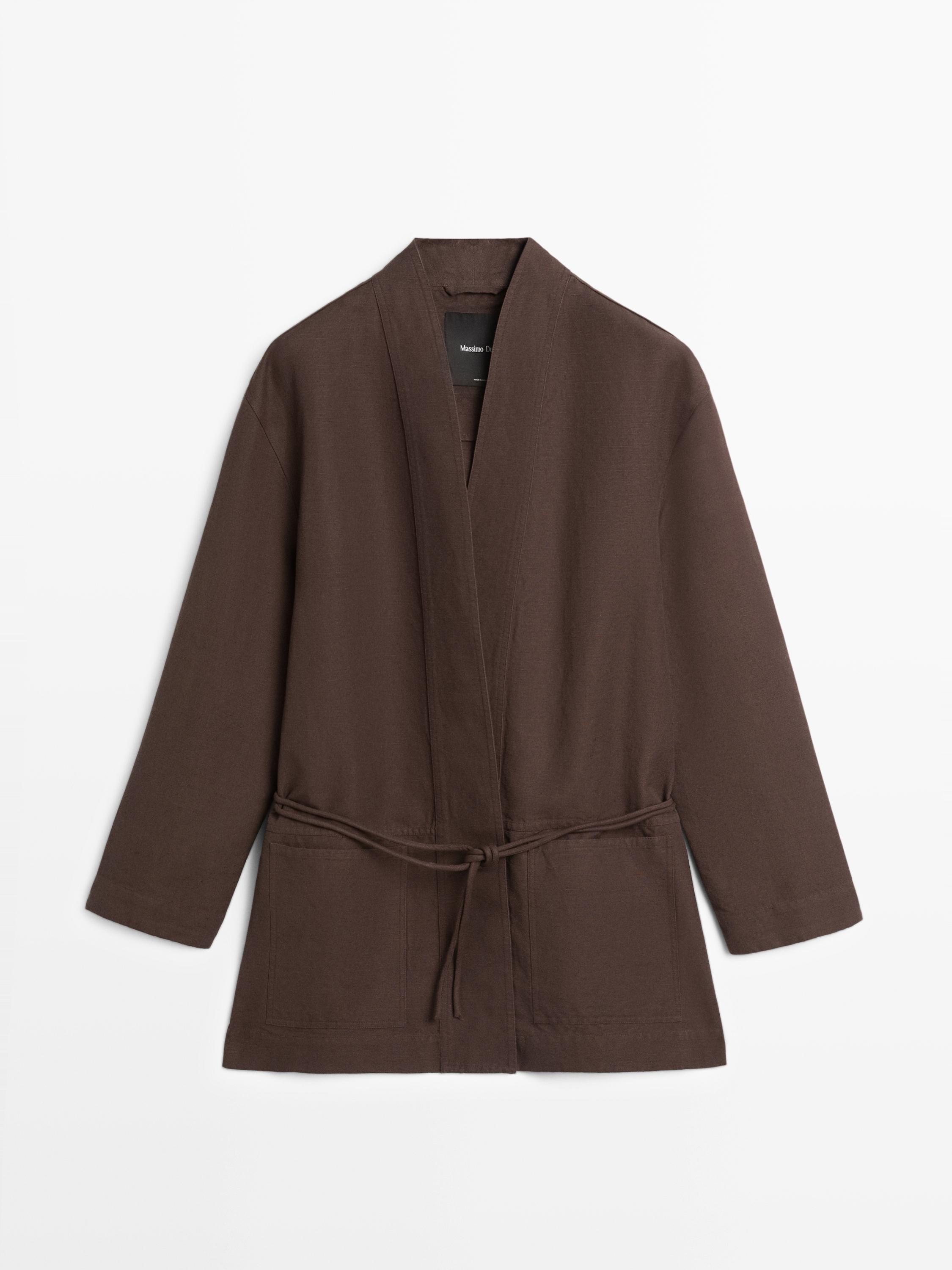 Linen blend kimono jacket with tie detail