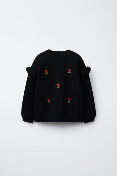 EMBROIDERED FLORAL KNIT SWEATER - Black by Zara - Image 0