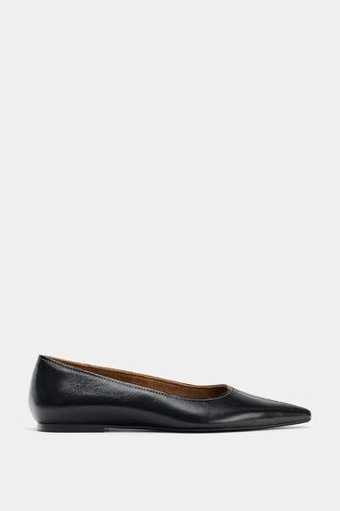 Zara LEATHER BALLET FLATS WITH TOPSTITCHING - Black - Image 0