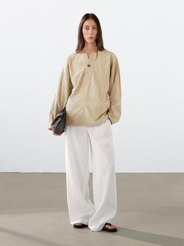 Zara Wide suede leather blouse - Stone
