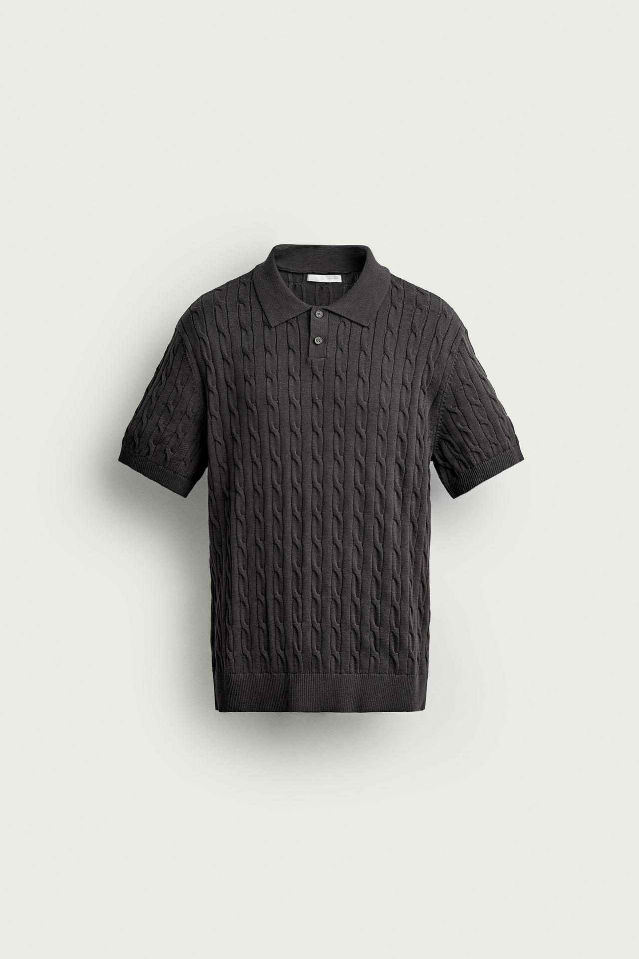 CABLE-KNIT POLO SHIRT — Chocolate