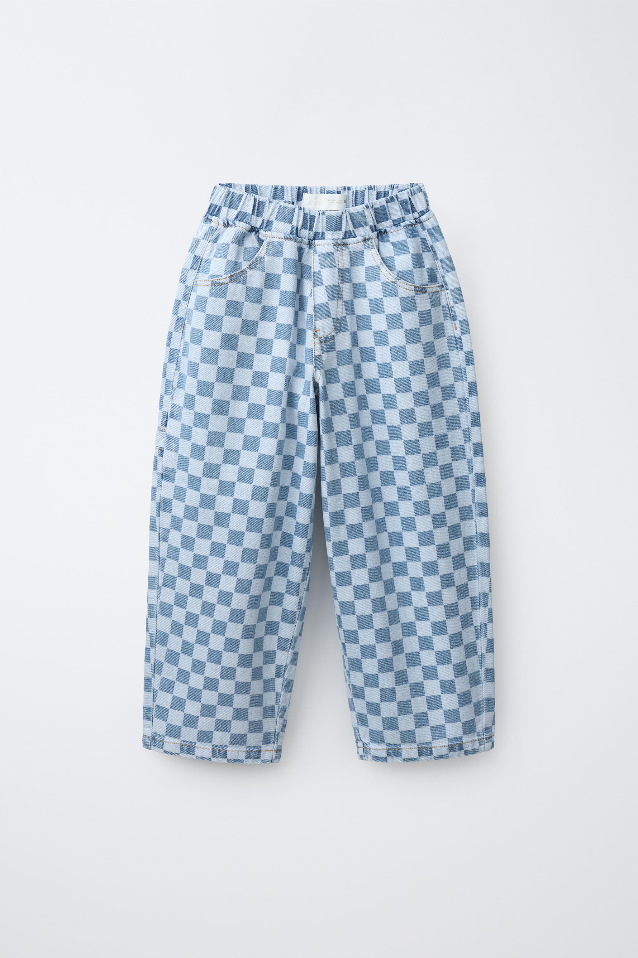 CHECKERBOARD PRINT BALLOON JEANS — Blue