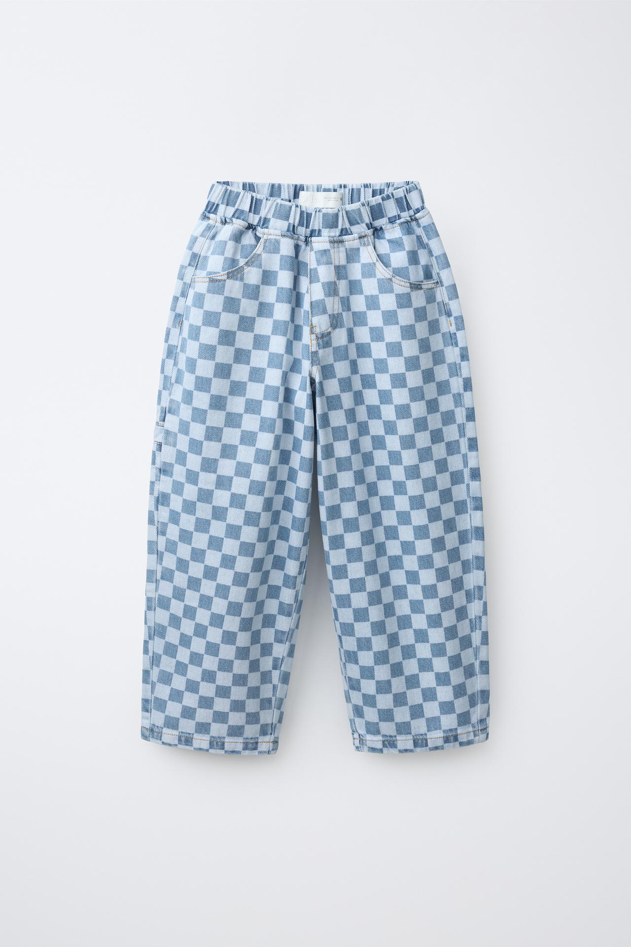 CHECKERBOARD PRINT BALLOON JEANS — Blue