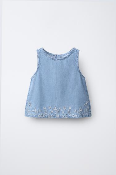 EMBROIDERED DENIM TOP - Light blue by Zara - Image 0