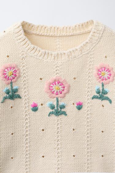 KNIT SWEATER WITH FLORAL EMBROIDERY - Ecru by Zara - Image 2