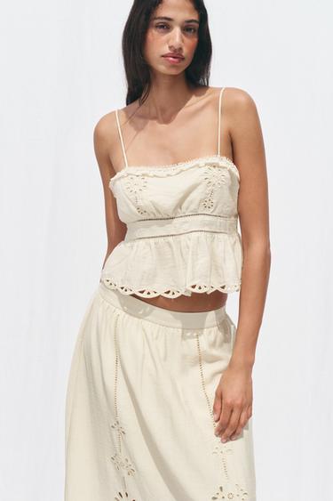 CROP TOP S AŽUROVOU VÝŠIVKOU - Přírodní od Zara