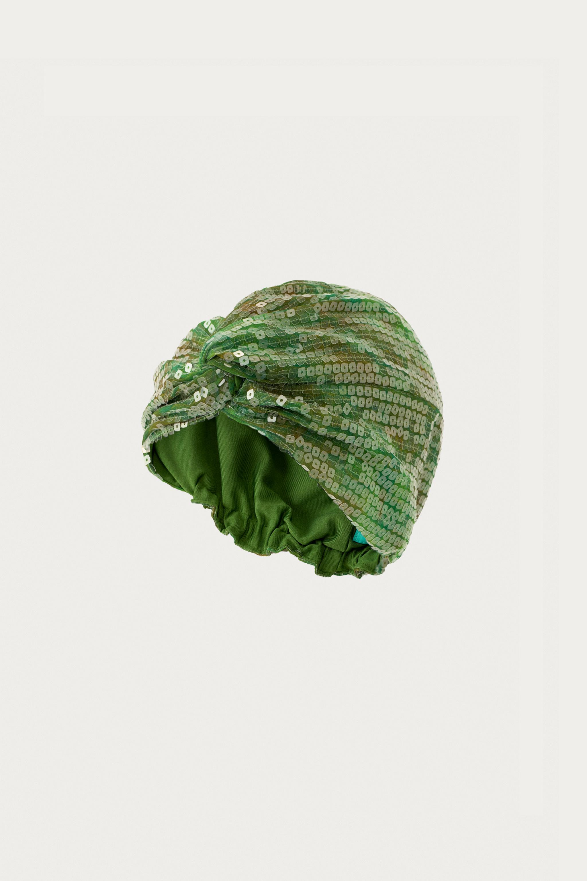 MARISA BERENSON X ZARA SEQUIN TURBAN HAT — Green