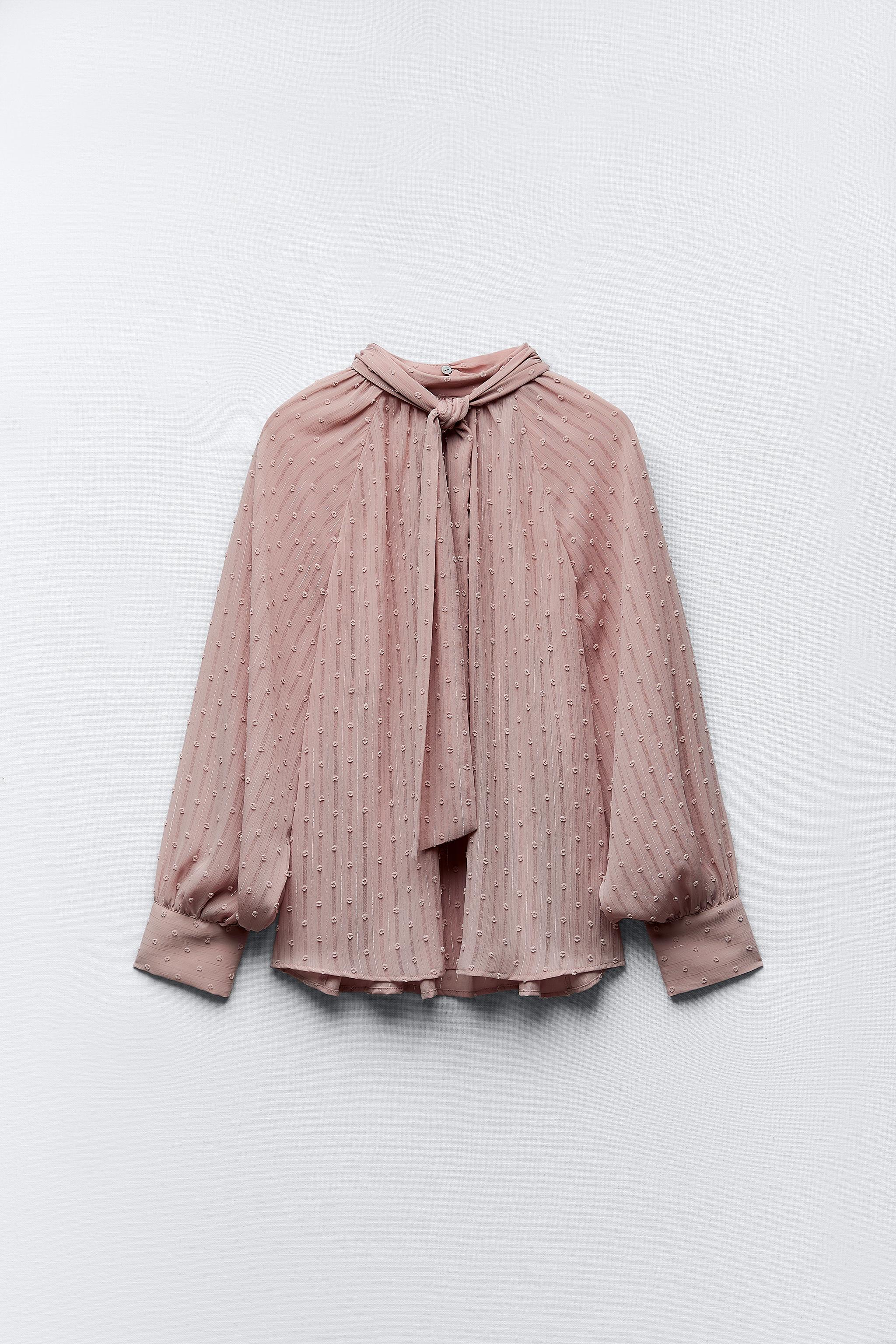 TIED DOTTED MESH BLOUSE - Beige-pink | ZARA Canada