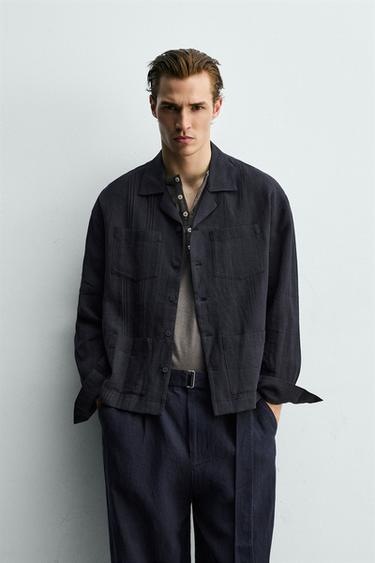CHEMISE RELAXED FIT 100% LIN POCHES PLIS - Bleu marine de Zara