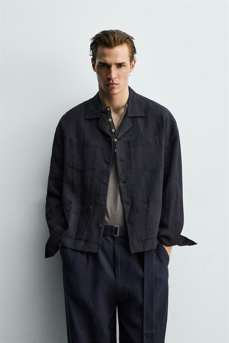 ZARA RELAXED FIT 100% LINEN SHIRT WITH PLEATED POCKETS