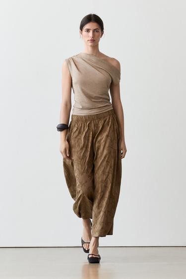 Zara Trousers with embroidered detail and elastic waistband - Khaki