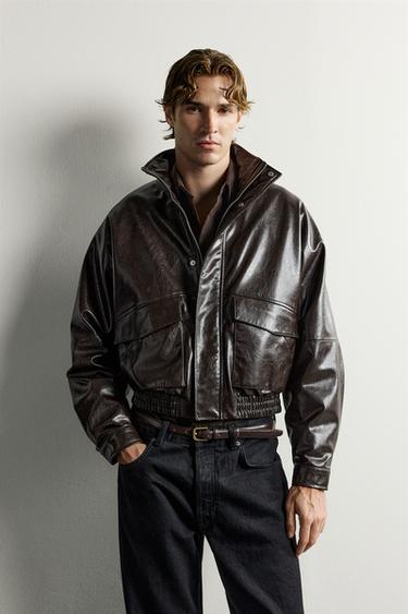 FAUX LEATHER CROPPED FIT JACKET — Brown 2