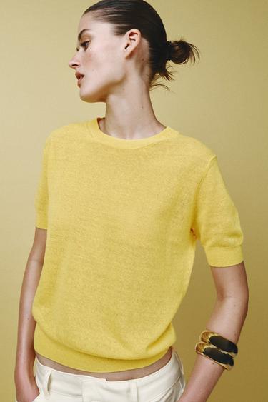 SHORT SLEEVE KNIT LINEN BLEND TOP - Yellow by Zara - Image 5