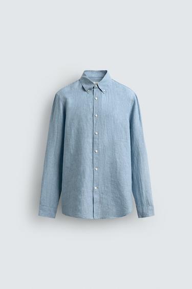 CAMISA REGULAR FIT 100% LINO - Celeste lavado de Zara