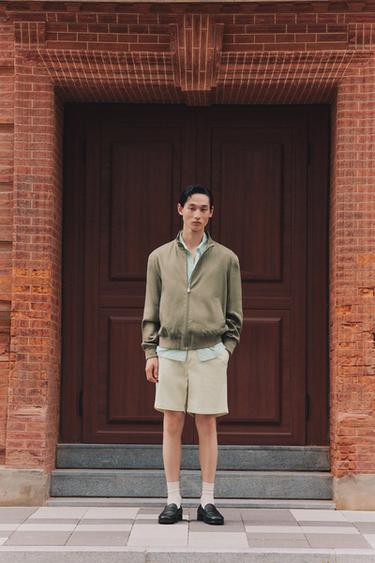 100% LINEN BOMBER JACKET - Light khaki by Zara - Image 0