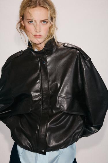CAZADORA PIEL 100% CUELLO SUBIDO - Marrón de Zara