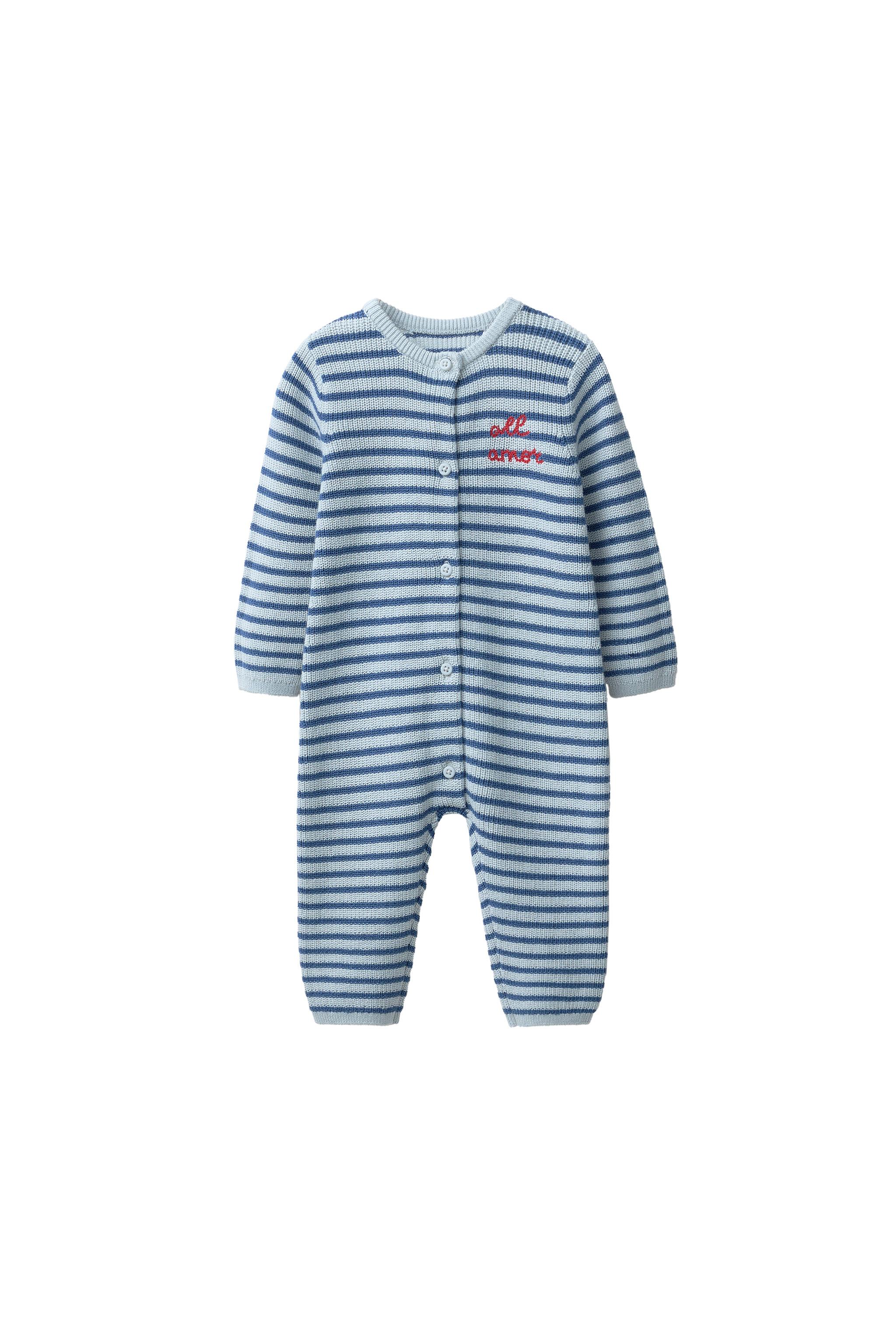 ニットストライプ柄刺繍ジャンプスーツ - ライトブルー | ZARA Japan