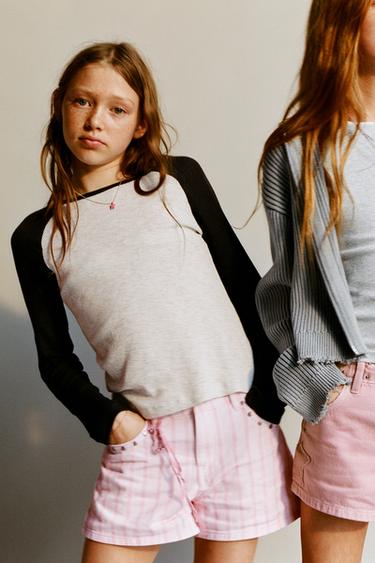 STUDDED STRIPED DENIM BERMUDA SHORTS - Pink / White by Zara