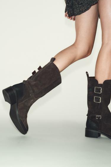 BUCKLED SPLIT SUEDE ANKLE BOOTS - Brown by Zara - Image 1