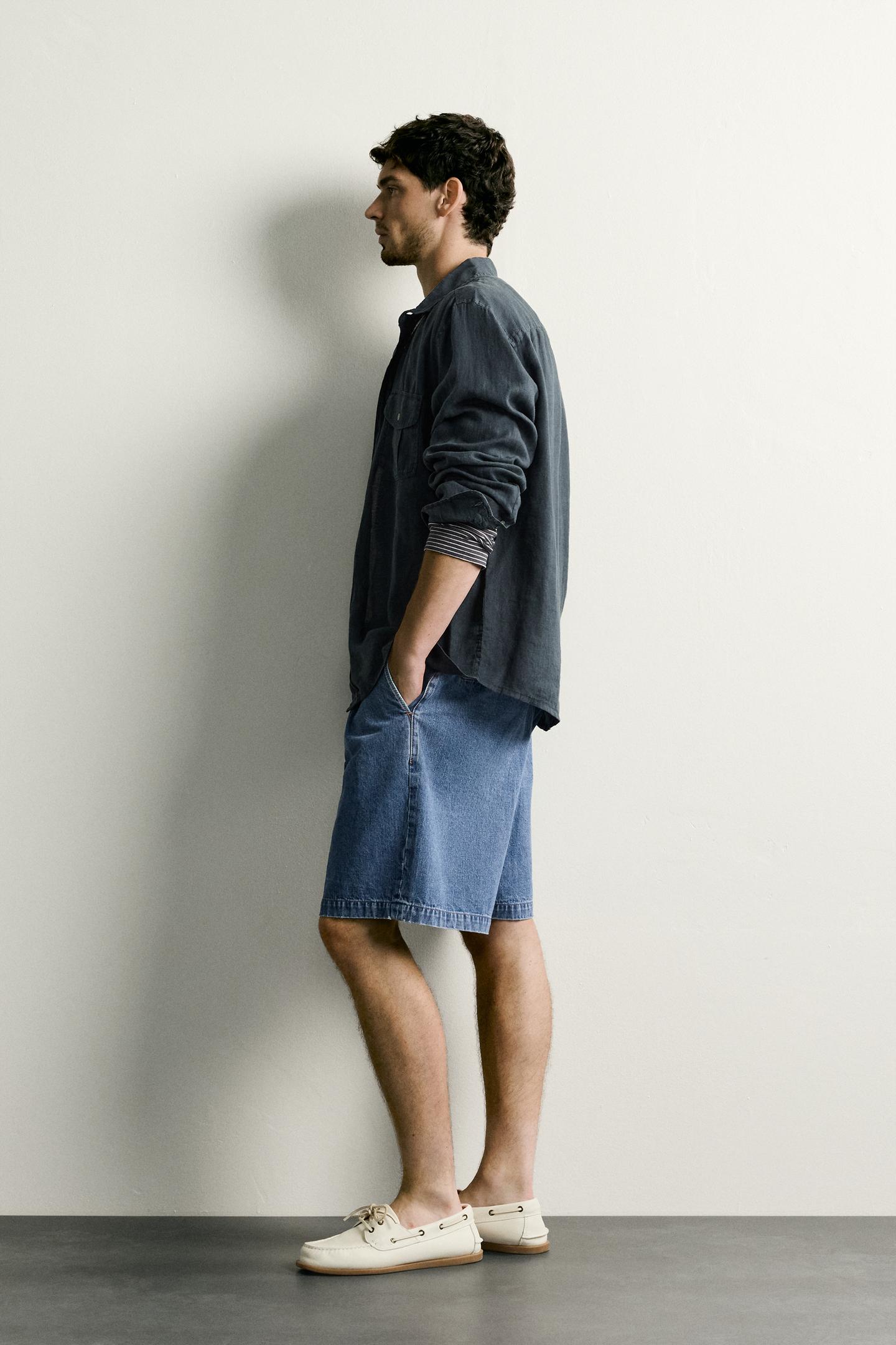 Мужская рубашка Zara 100% Linen Relaxed Fit, цвет: Тёмно-синий — фото 4