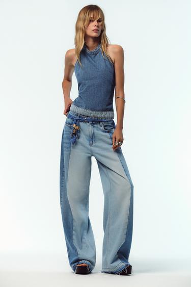 CONJUNTO DE TOP HALTER E JEANS Z1975 EM TECIDO COMBINADO - ÍNDIGO GANGA da Zara