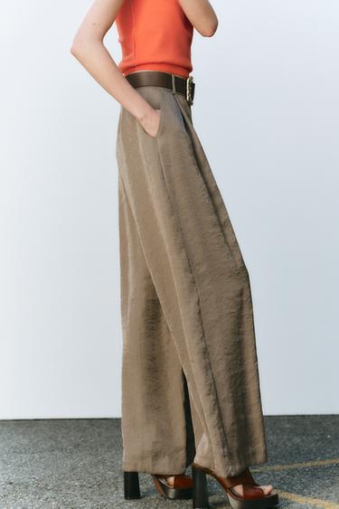 SATIN WIDE-LEG TROUSERS WITH BELT - Brown / Taupe by Zara - Image 2