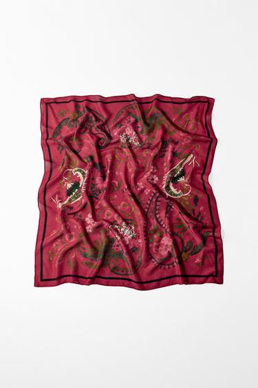 Zara SILK BLEND PRINTED SCARF - Red
