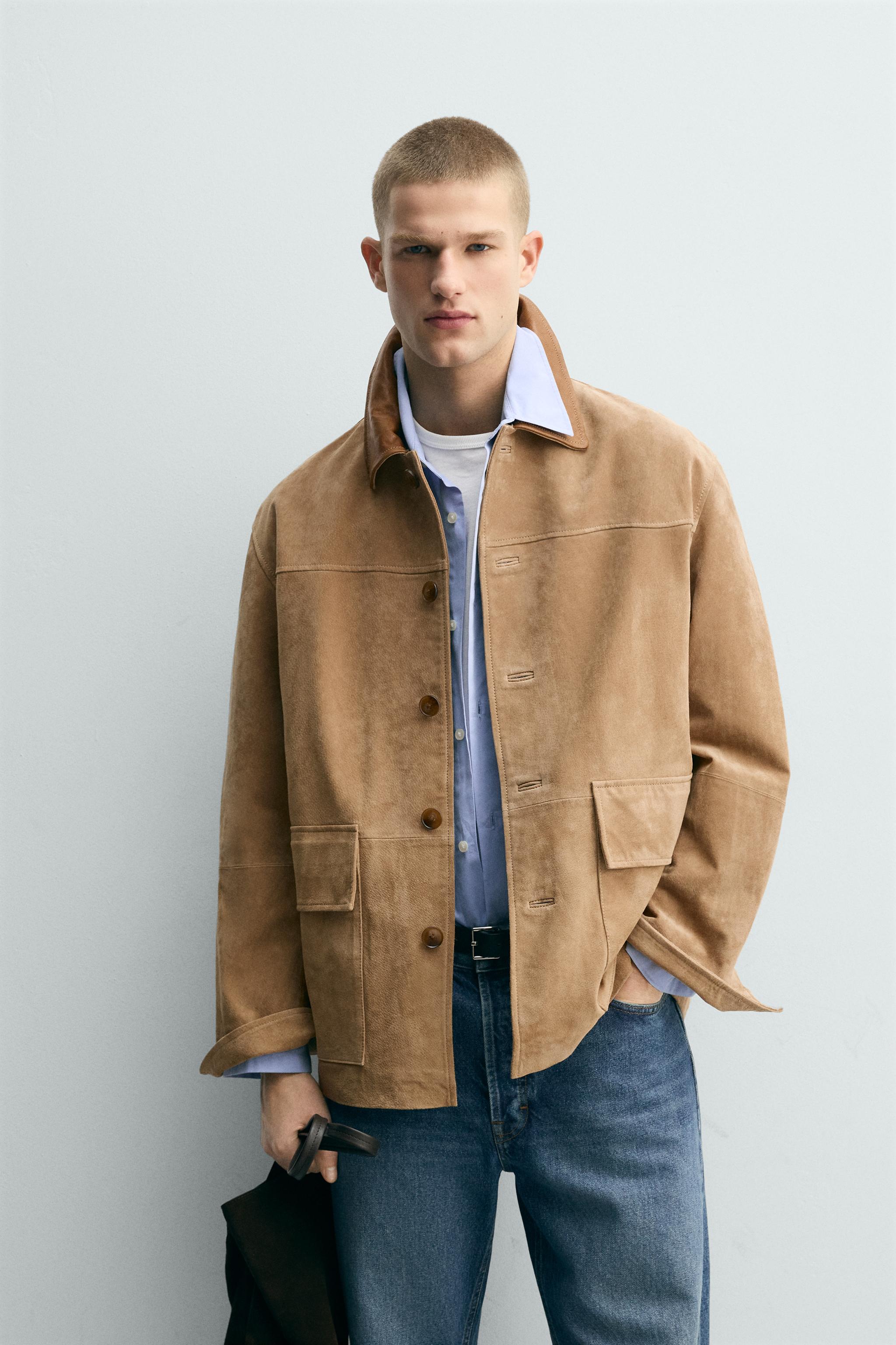 VESTE EN CUIR VELOURS AVEC COL BIMATIÈRE