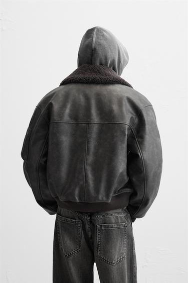 LEATHER EFFECT JACKET WITH DETACHABLE COLLAR - Brown by Zara - Image 3