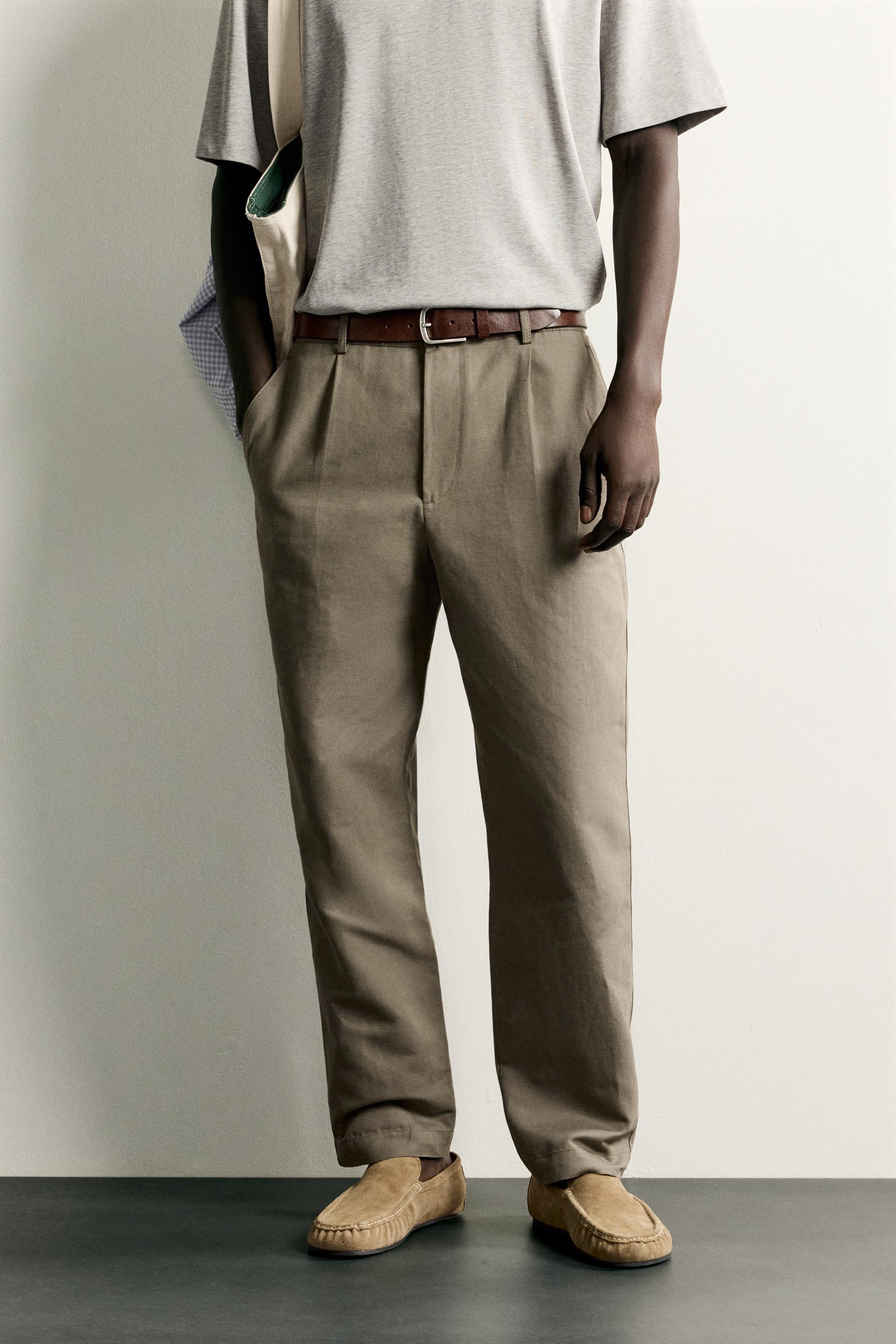 COTTON-LINEN RELAXED FIT PANTS — Khaki