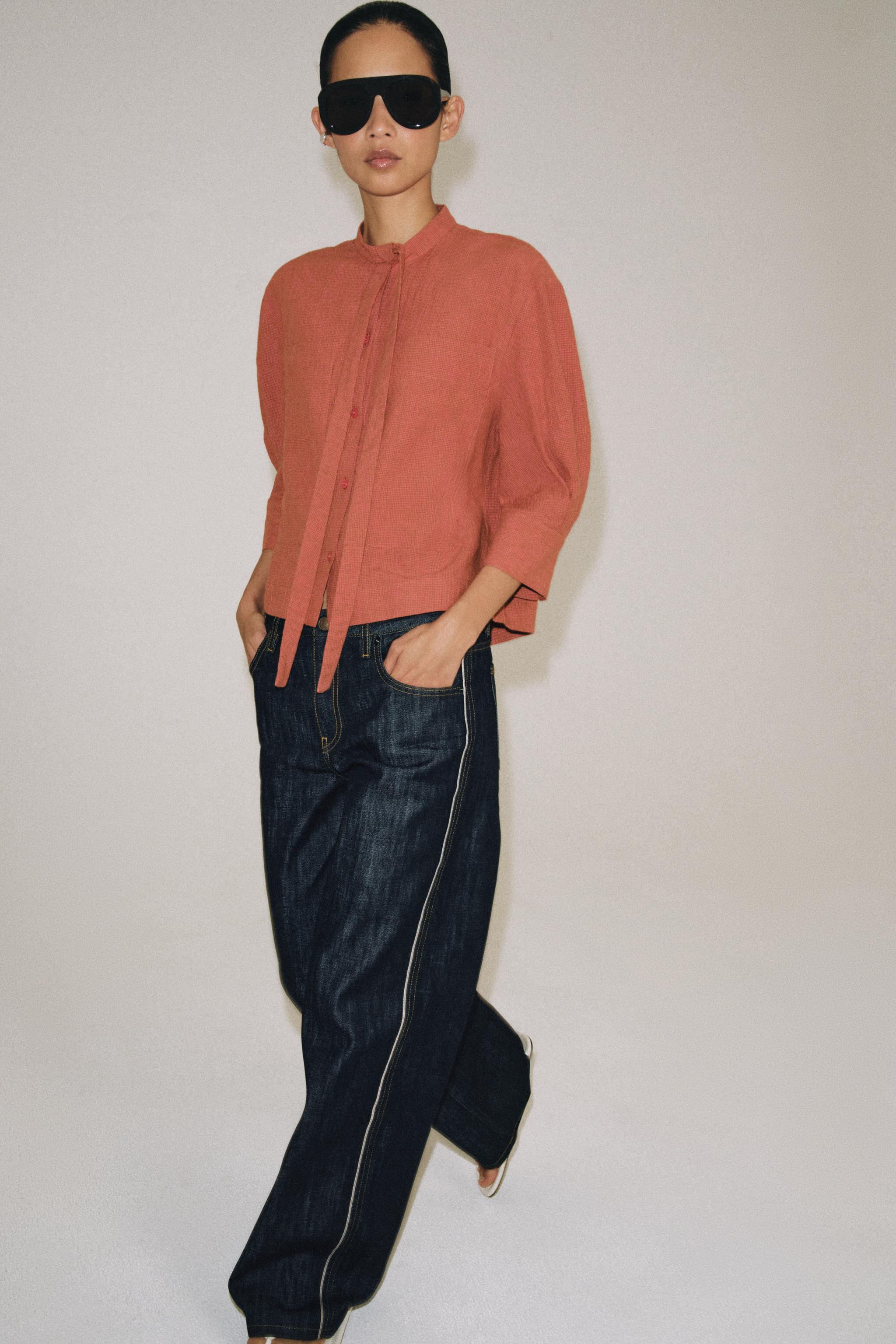 ZW COLLECTION LINEN-BLEND TIE SHIRT — Burnt orange