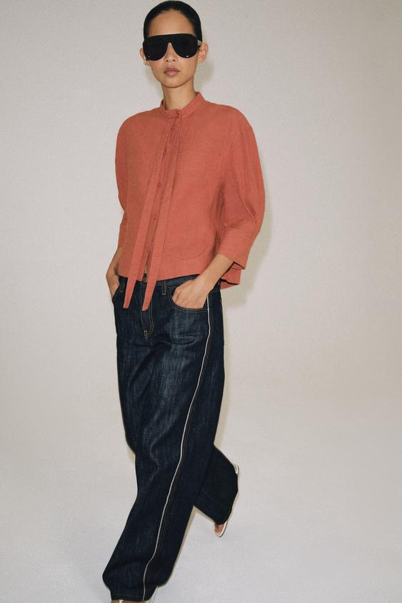 ZW COLLECTION LINEN BLEND SHIRT WITH TIE DETAIL - Burnt orange de Zara - Imagen 0