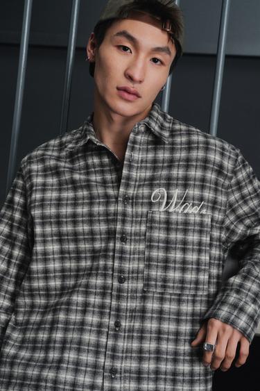 Zara 法蘭絨刺繡格紋襯衫 - 白色 / 黑色