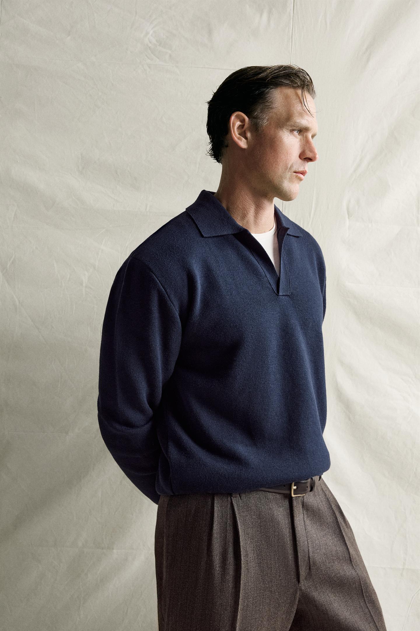 Мужское поло Zara Cotton-Wool Compact Knit Polo, цвет: Тёмно-синий — фото 6