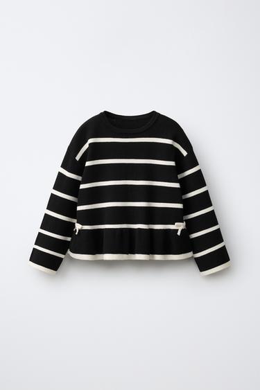 Zara STRIPED KNIT JUMPER WITH BOWS - Black