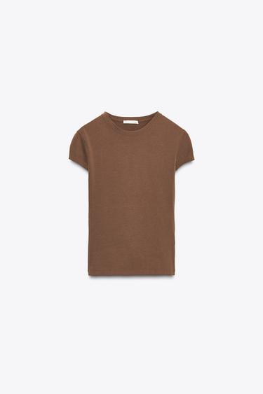 Zara SLIM FIT SHORT SLEEVE T-SHIRT - Brown