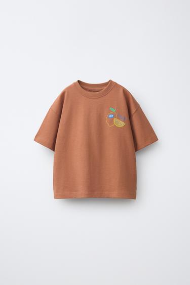 LEMON EMBROIDERED T-SHIRT - Light brown by Zara