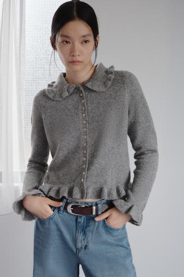 KNIT CARDIGAN WITH RUFFLE TRIMS - Grey by Zara