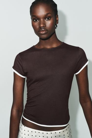 Zara CONTRAST PIPING T-SHIRT - Chocolate