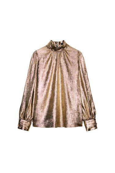 بلوزة بياقة مرتفعة وأكمام منفوخة - أسود ذهبي by Zara