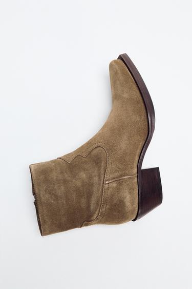 Zara SPLIT SUEDE COWBOY ANKLE BOOTS - Dark tan