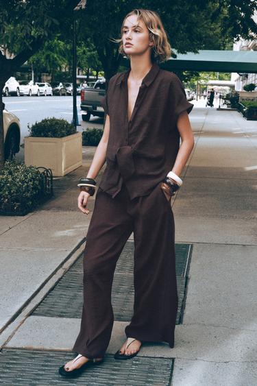 WIDE-LEG TROUSERS WITH ELASTIC WAIST - Brown by Zara