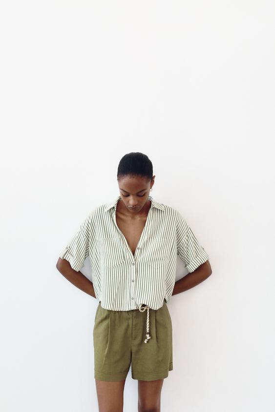 BAGGY LINEN BLEND BERMUDA SHORTS WITH ROPE BELT - Khaki | ZARA Cambodia